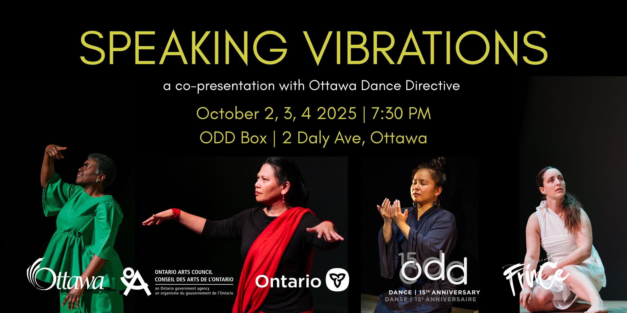 A poster advertising Speaking Vibrations at ODD Box show Oct 2-4 2025